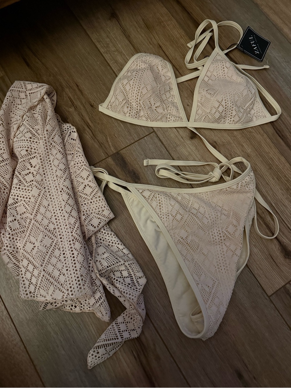 Triangle Crochet Bikini Set in Light Beige with coverup